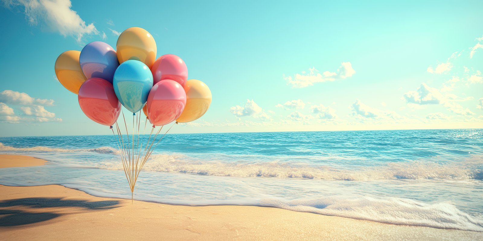 Colorful balloons floating on a serene beach during a sunny day with gentle waves lapping at the shore
